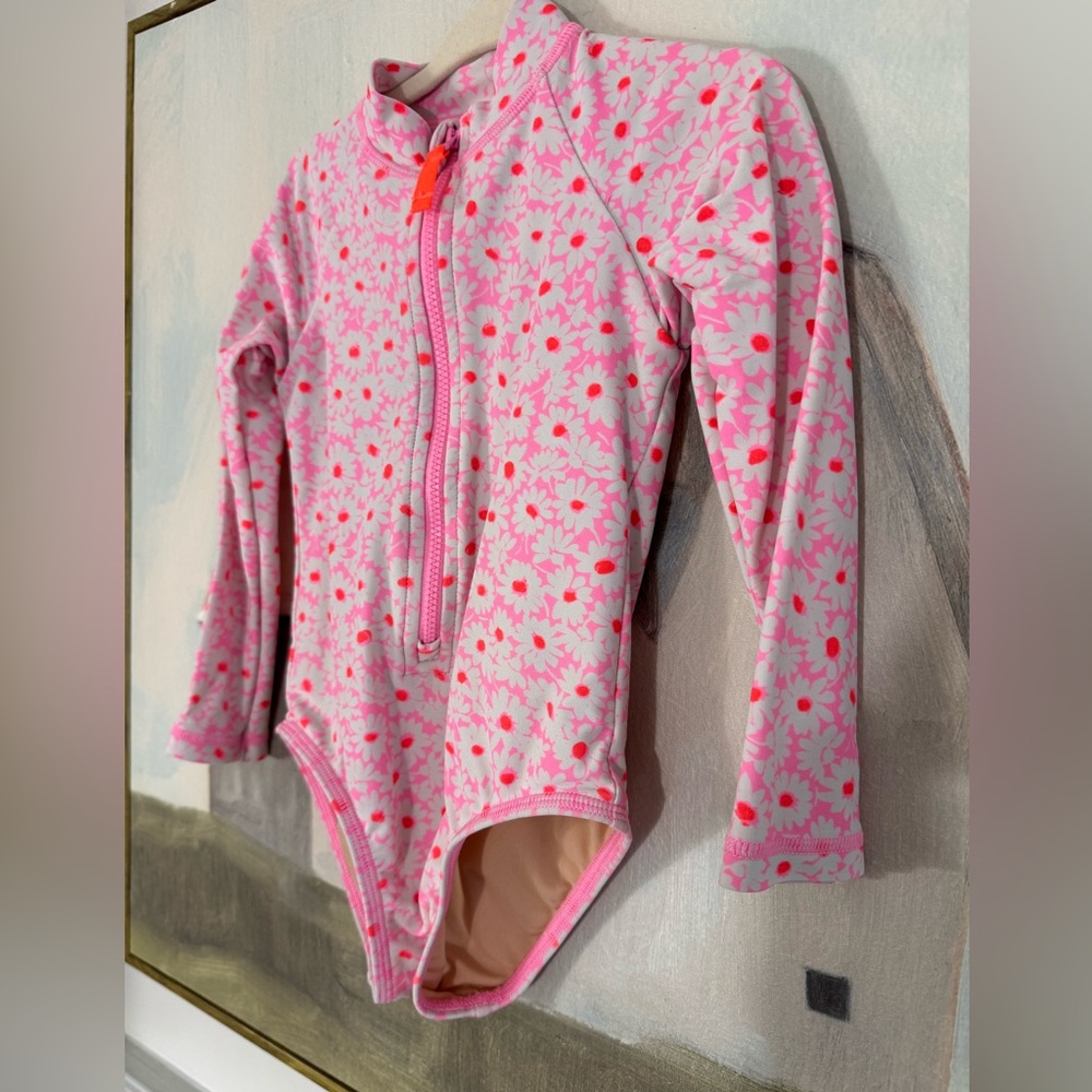 J CREW CREWCUTS Girls Rash Guard Swimsuit One Piece Pink Floral W/UPF 50+ Size 2 - Picture 2 of 4